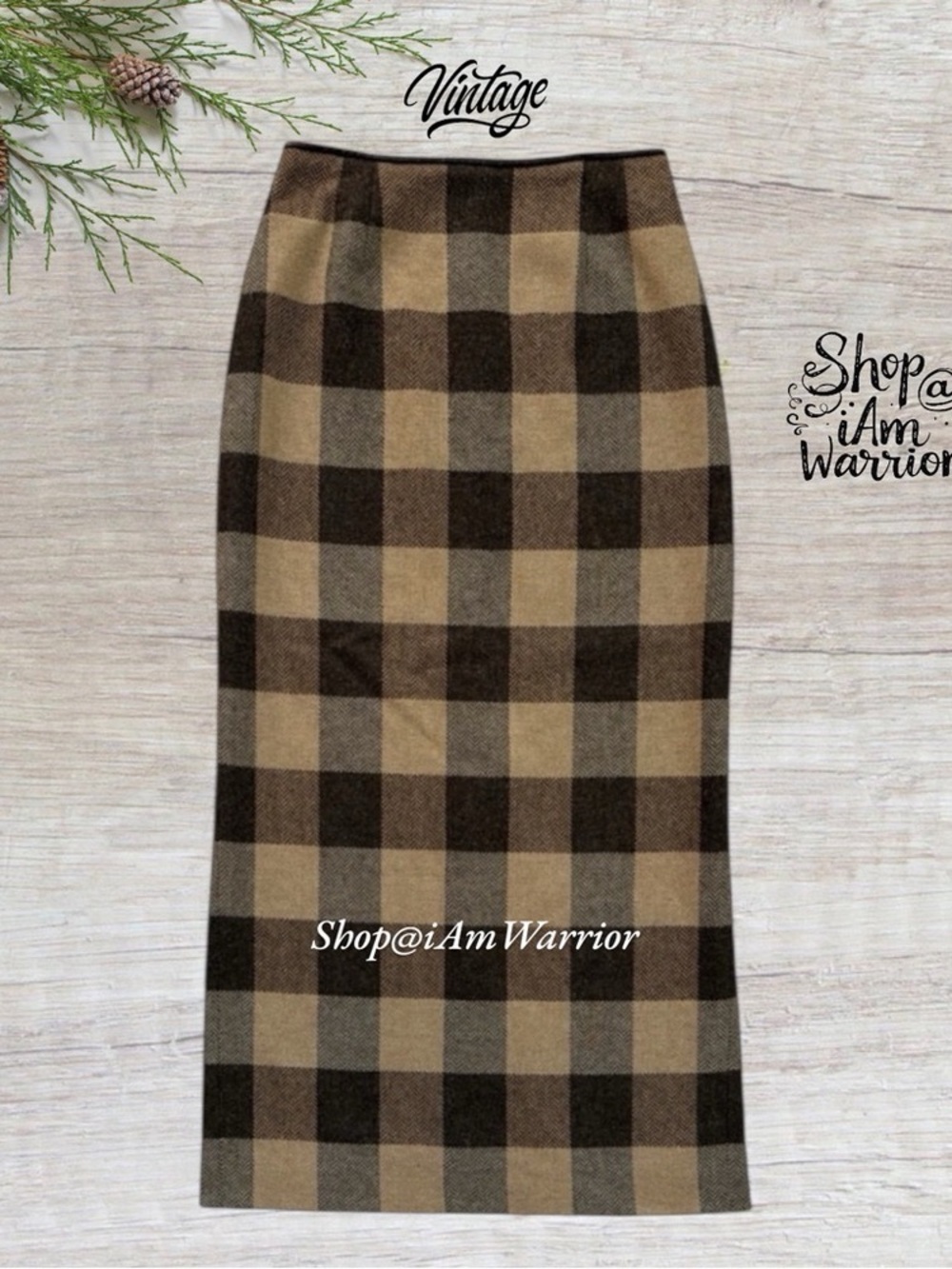 Vintage Wool Herringbone Chocolate Tan Plaid Leather Trim Equestrian Midi Skirt - Picture 3 of 10